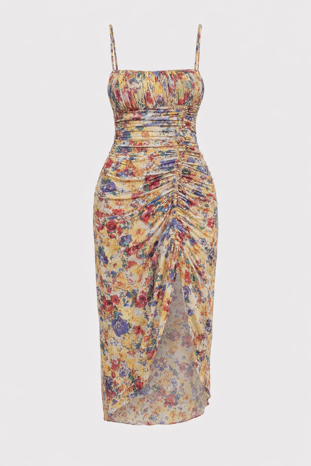 Lightweight Yellow Sleeveless Midi Dress with Ruched Waist - 1