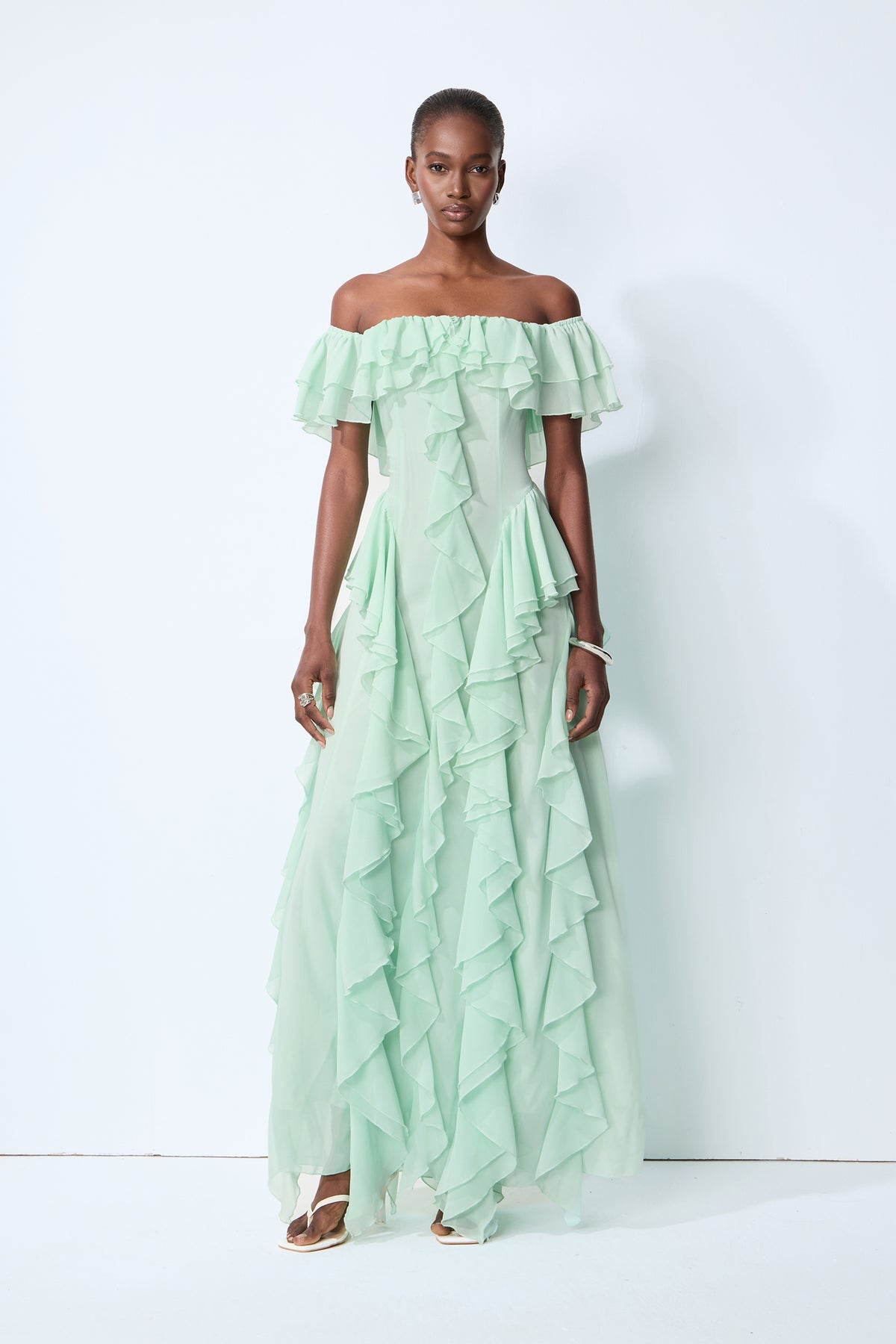 Sage Green Off-Shoulder Ruffle Maxi Dress With Side Pockets - 6
