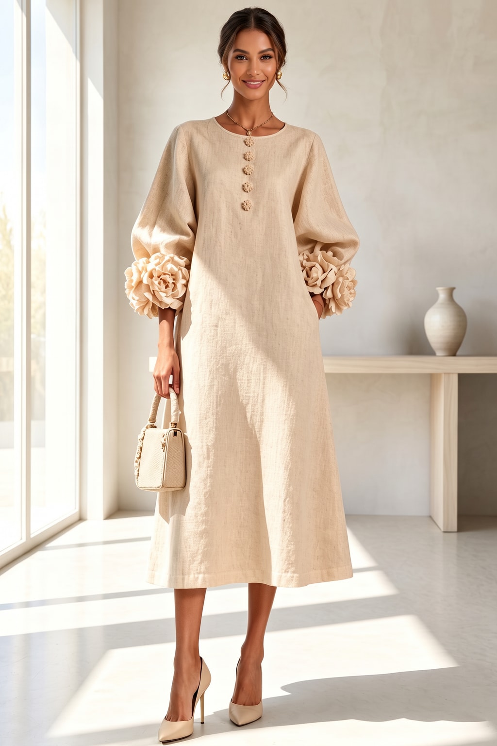 Linen Blend Midi Dress With Button-Down Front - 7