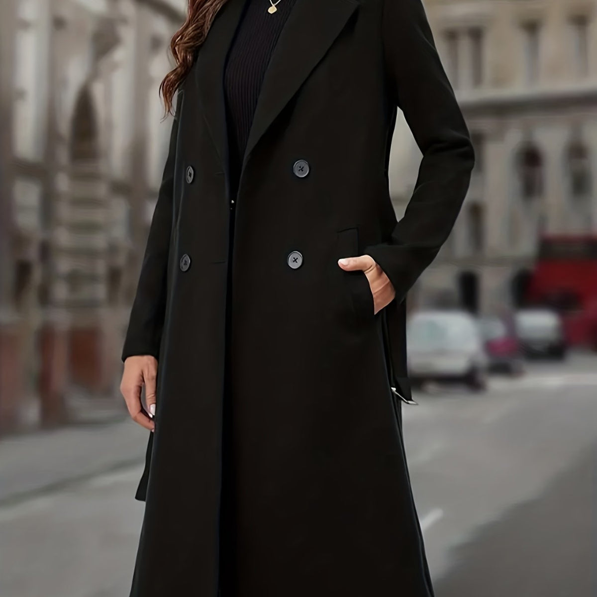 Black double-breasted long coat - view 2