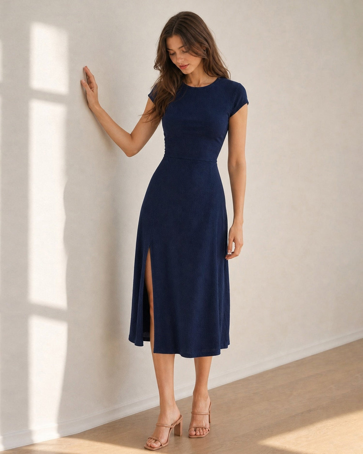 Navy Knit Backless A-Line Midi Dress - view 5