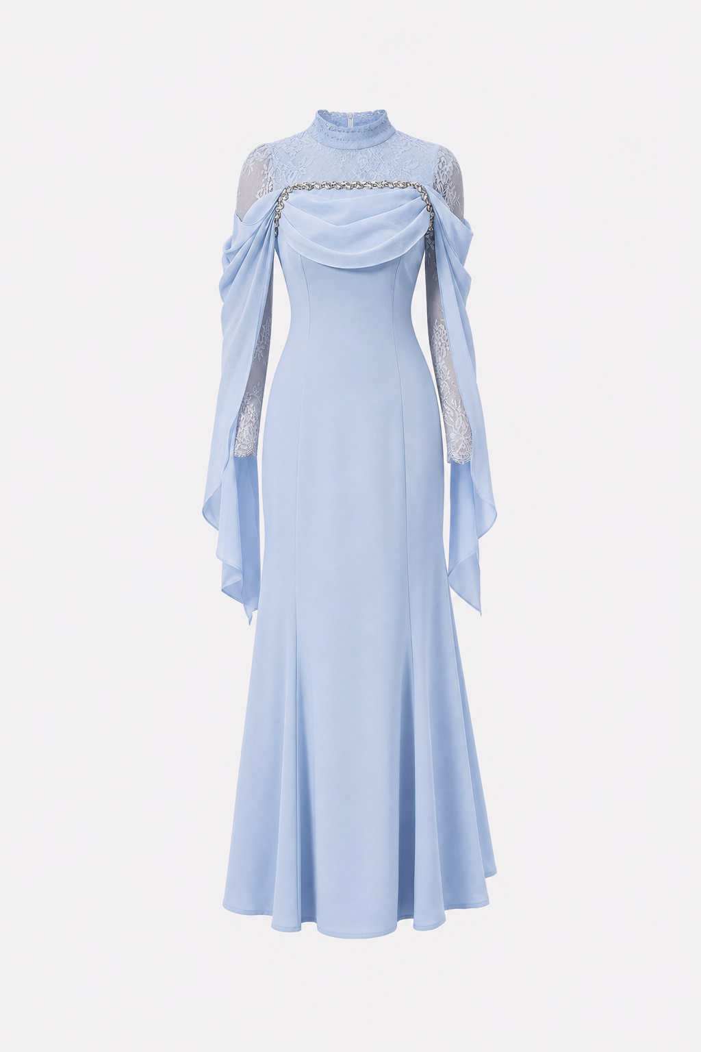 Blue Floral Chiffon Maxi Dress with Ruffle Sleeves