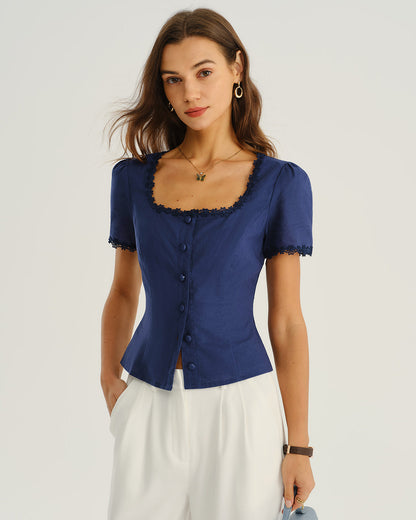 Navy square neck cotton linen button-front blouse - view 5