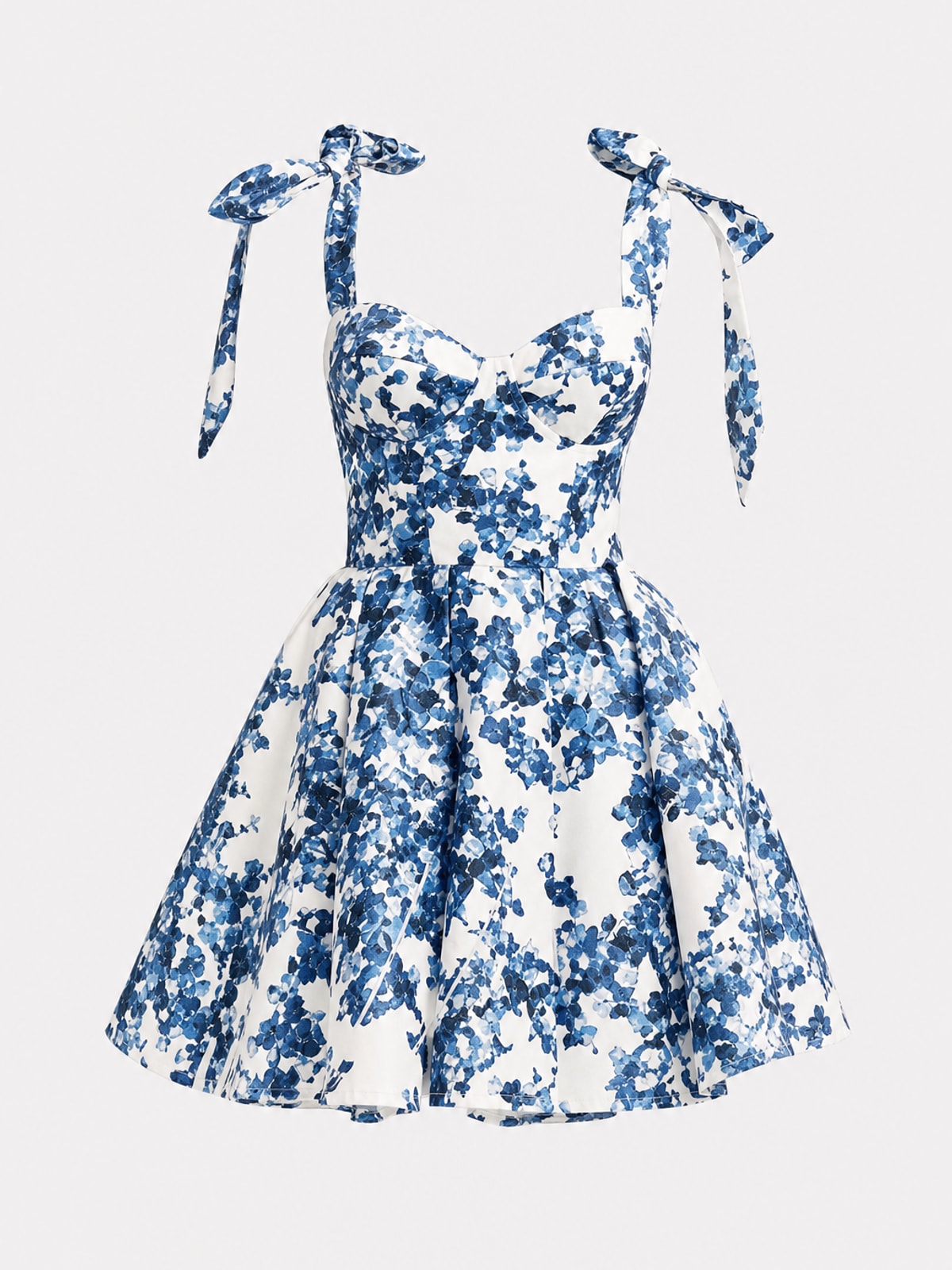 Floral Print Flared Bow-Strap Mini Dress - 1