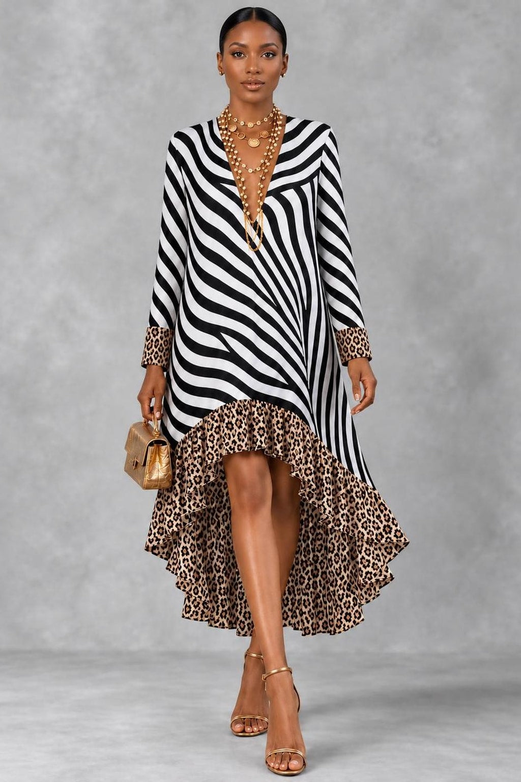 Polyester Leopard Print Midi Dress With High-Low Hem - 2