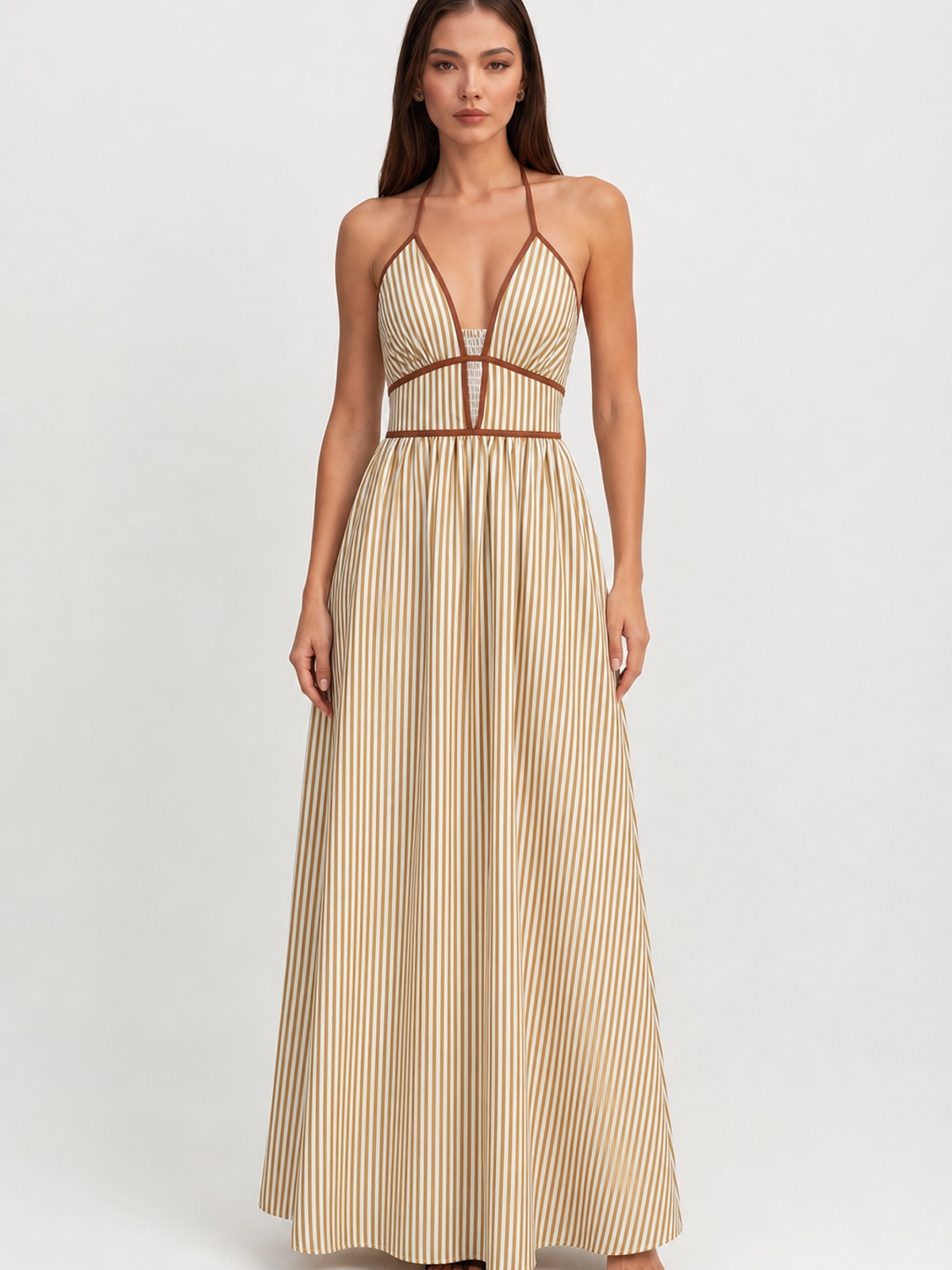 Polyester Striped Halter Neck Sleeveless Maxi Dress - 7