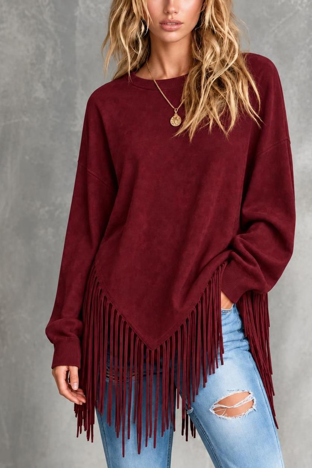 Tassel-Trim Loose Fit Pullover Hoodie - 2