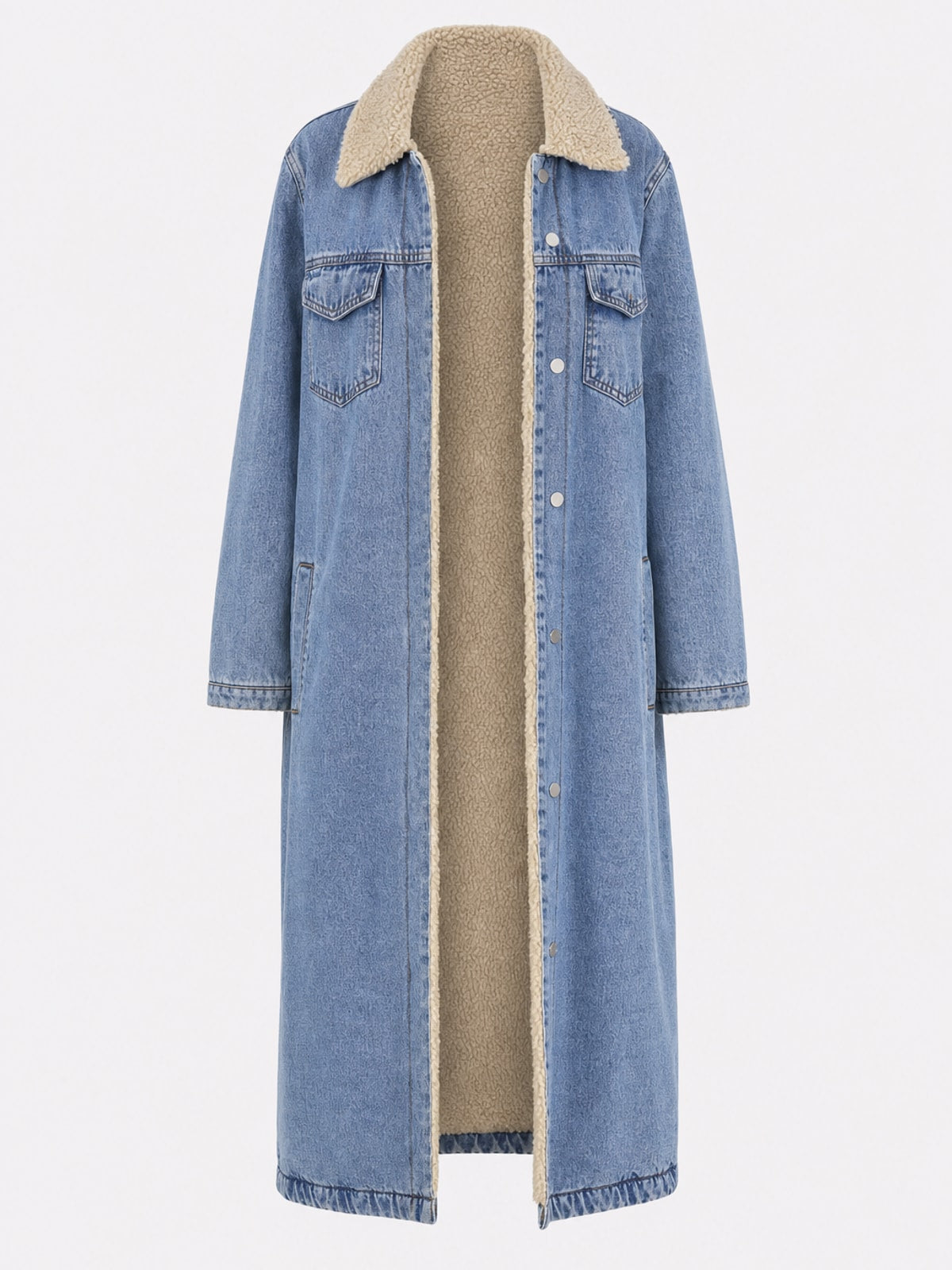 Classic Fleece Lined Long Coat with Button-Front Design - 1