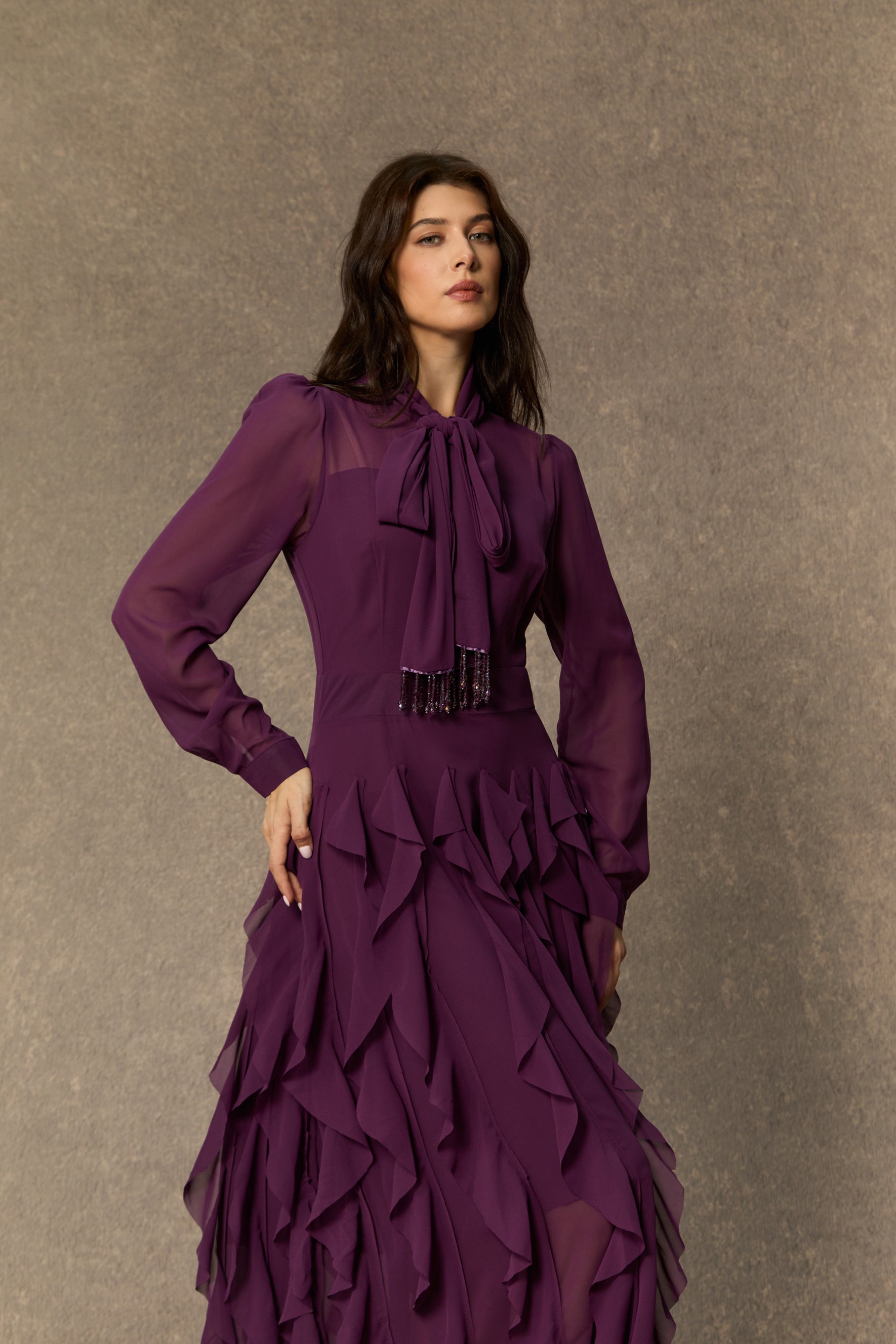 Purple tiered ruffle maxi dress with bow neck - view 3