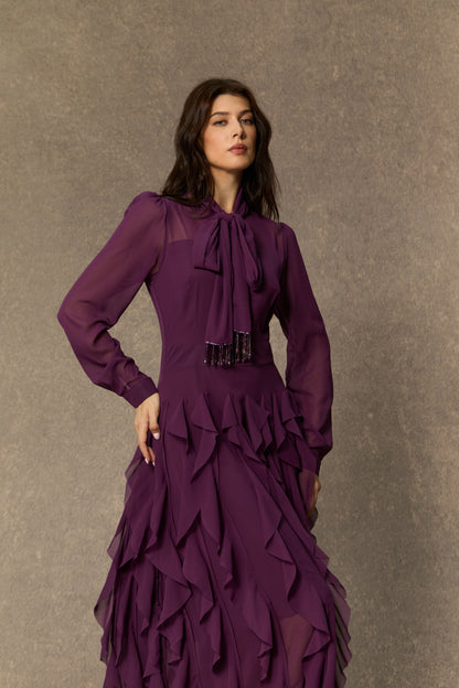 Purple tiered ruffle maxi dress with bow neck - view 3
