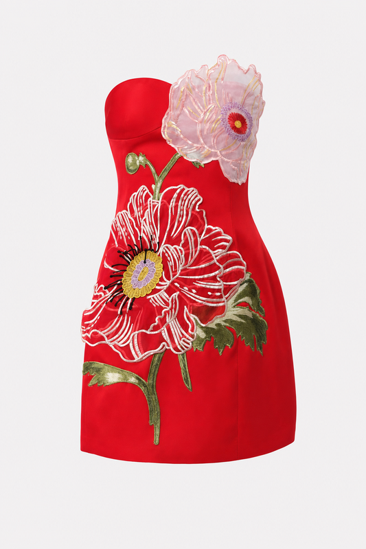 Red satin strapless mini dress with floral embroidery