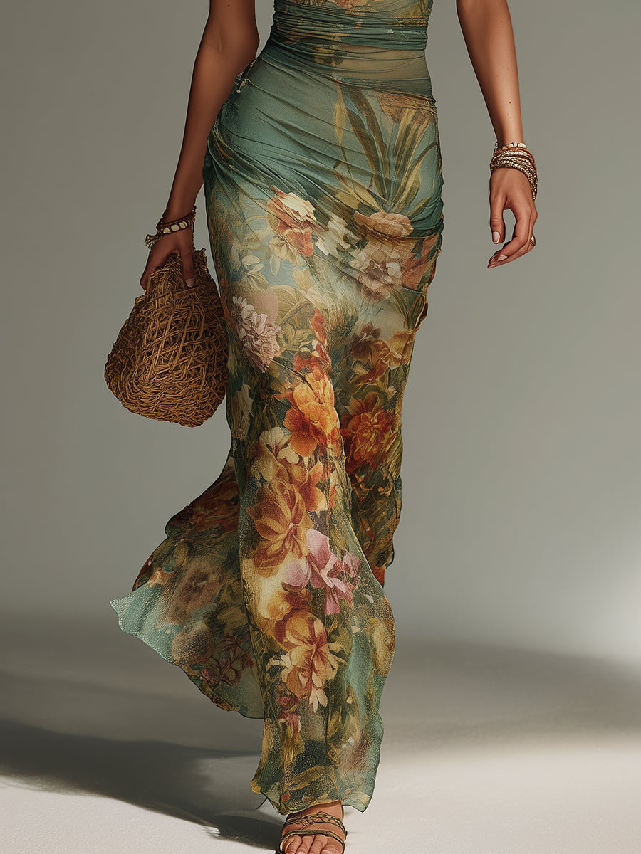Green Floral Mesh Maxi Dress, Slim Fit - view 6