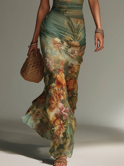 Green Floral Mesh Maxi Dress, Slim Fit - view 6