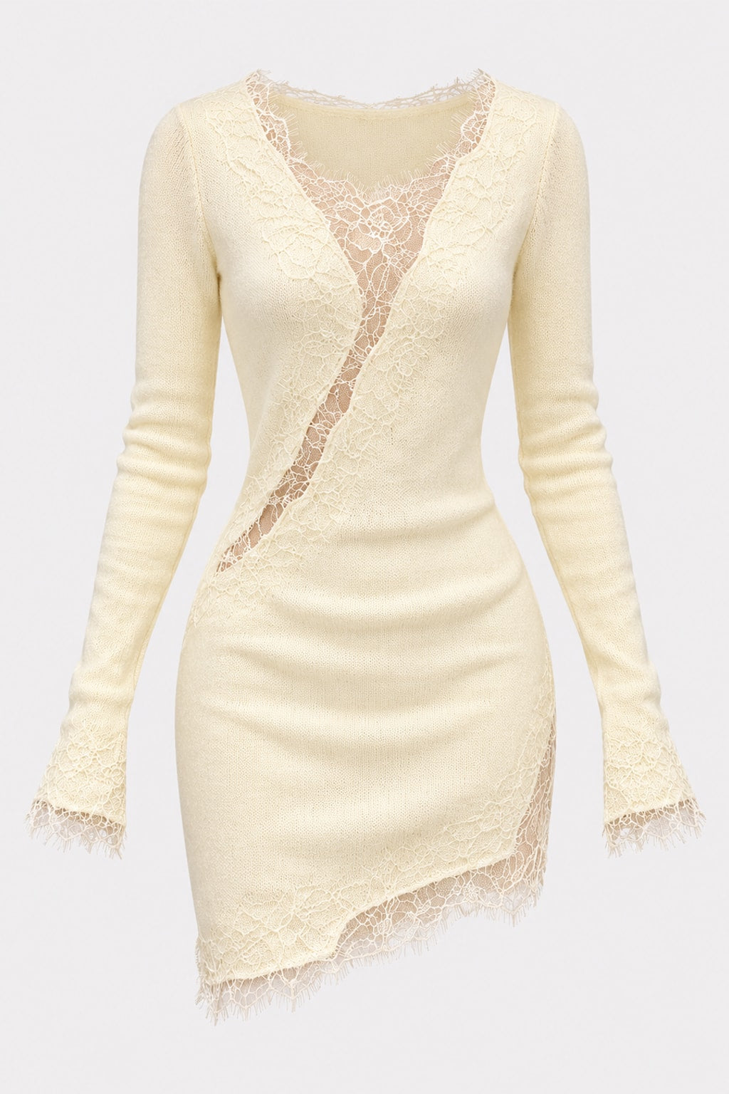 Cream fine knit mini dress with eyelash lace panels set diagonally across the body and an asymmetric lace hem