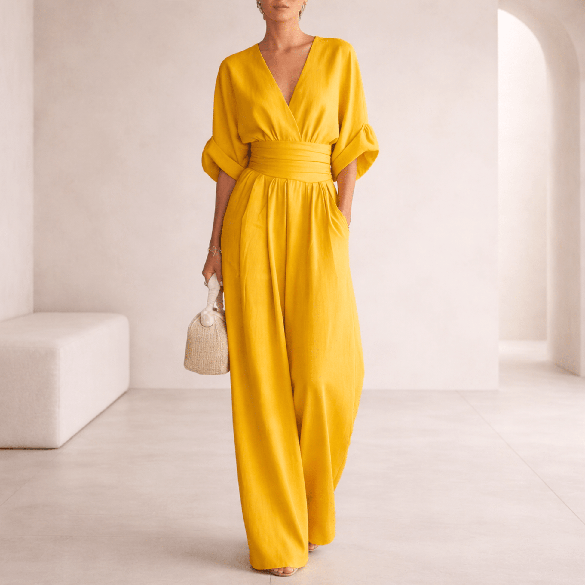 Wide leg V-neck jumpsuit with draped waist - view 3