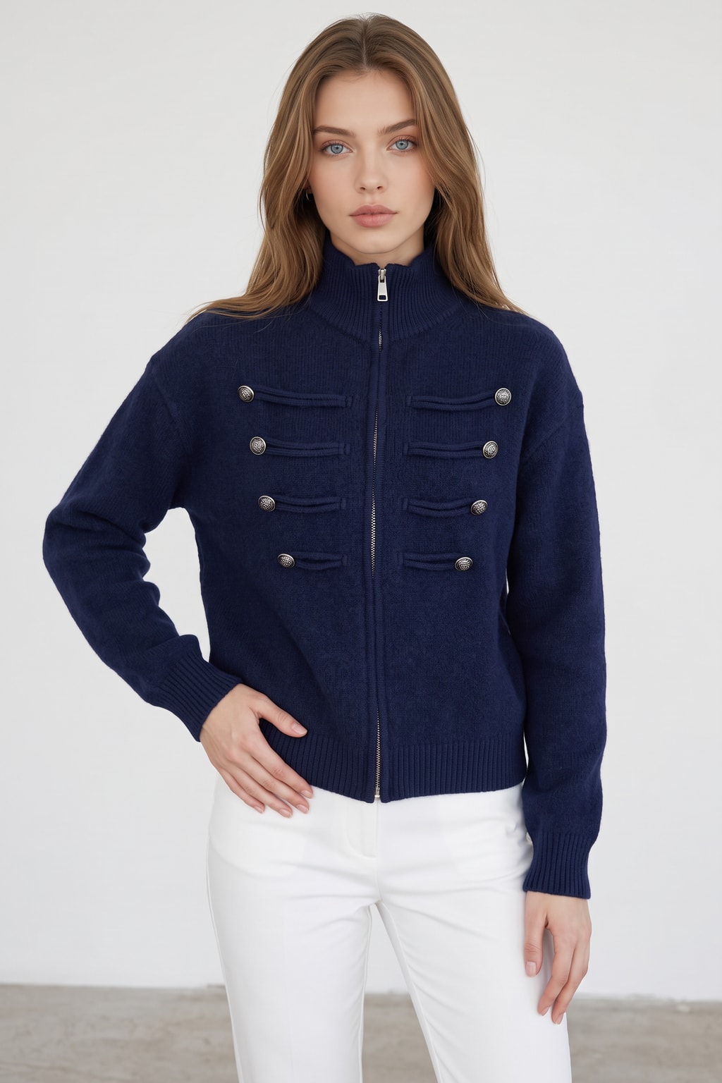 Knit Cardigan with Double Zipper and Button Detail - 8