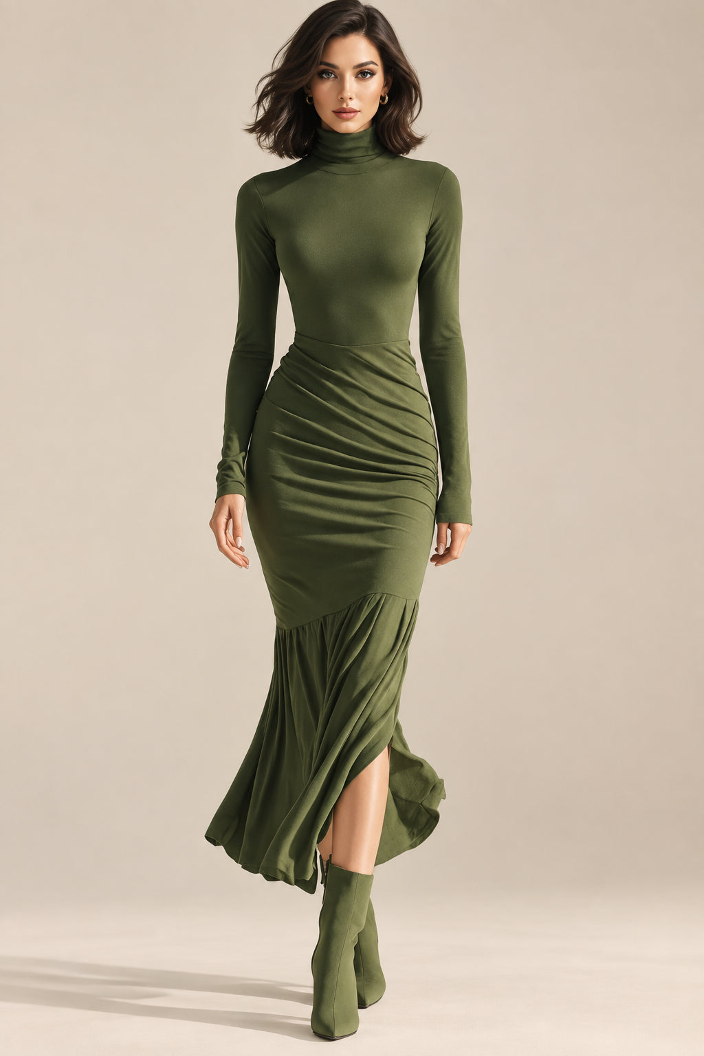 Polyester Maxi Dress With Ruched Turtleneck - 2