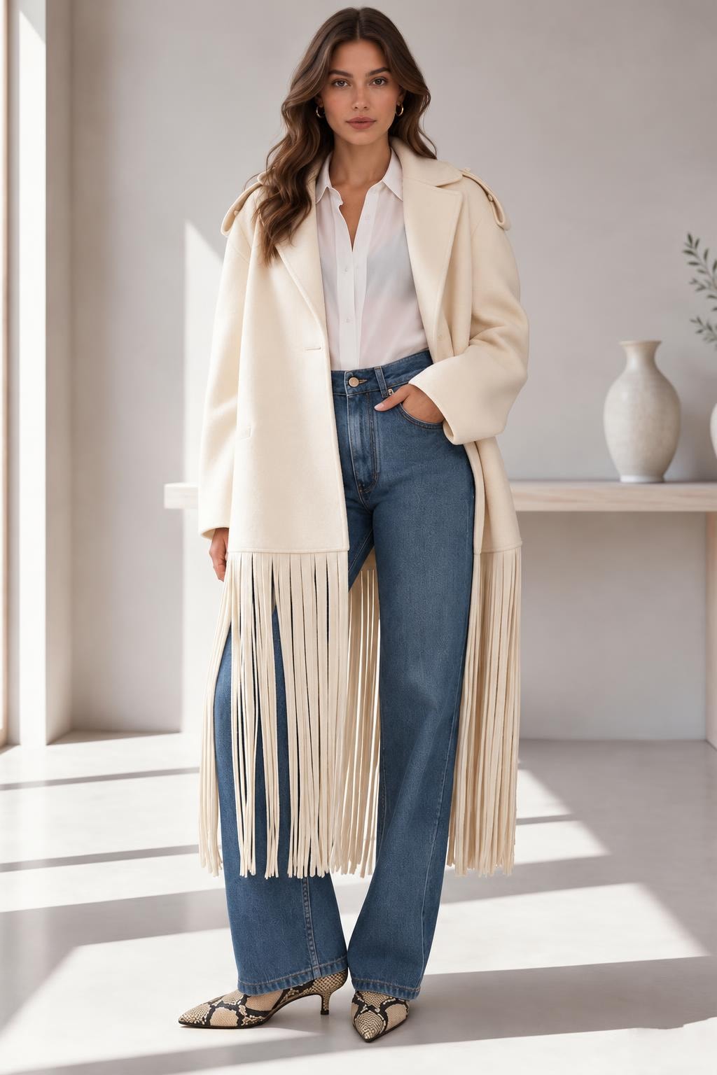 Wool Blend Midi Coat With Tassel Trim Lapel - 5