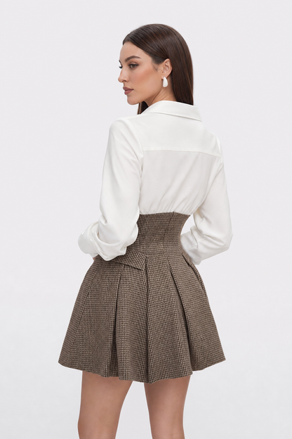 Brown Houndstooth Tweed Pleated Mini Dress - view 5