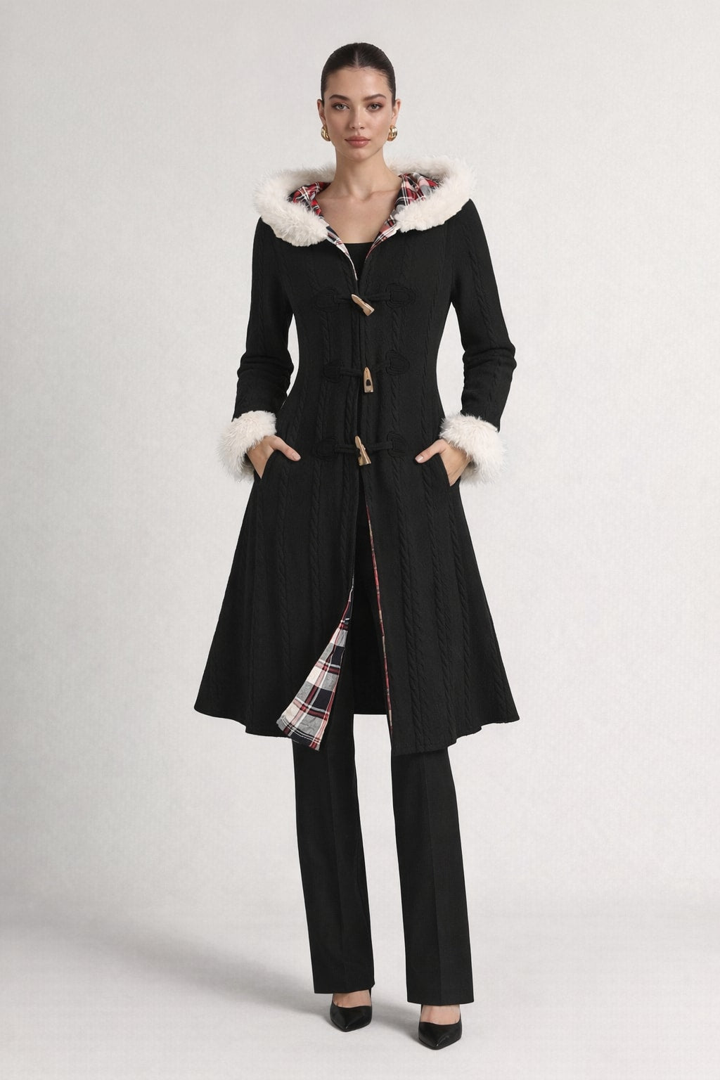 Knit Hooded Overcoat With Checkered Patchwork - 4