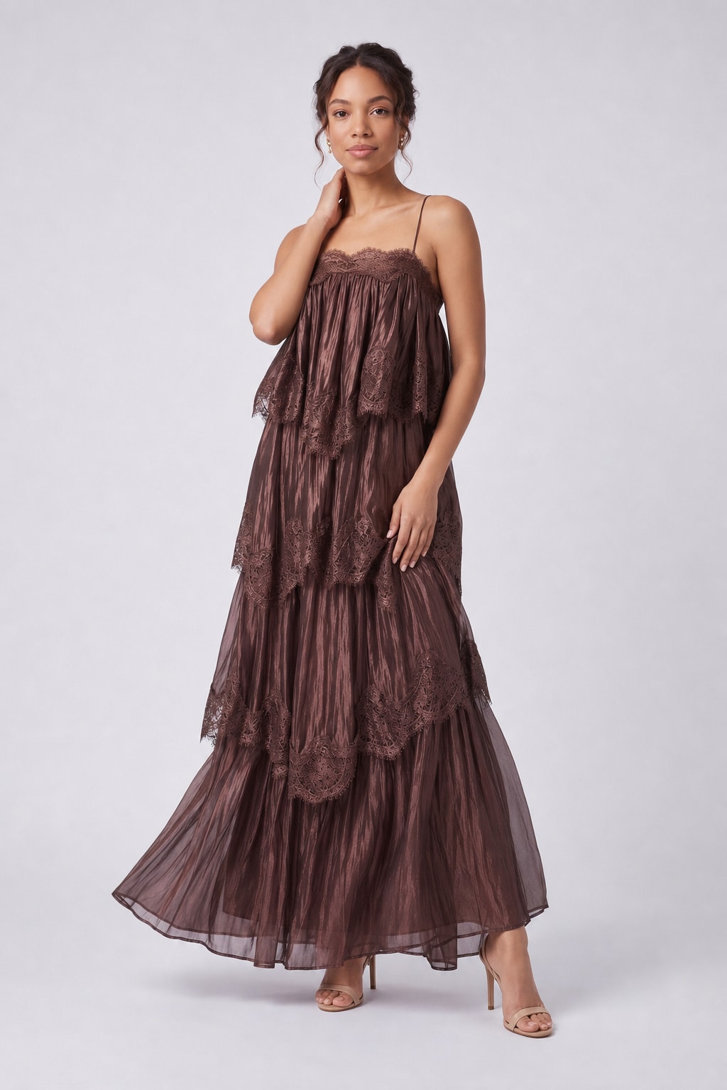 Chiffon Tiered Maxi Dress With Lace Trim - 7