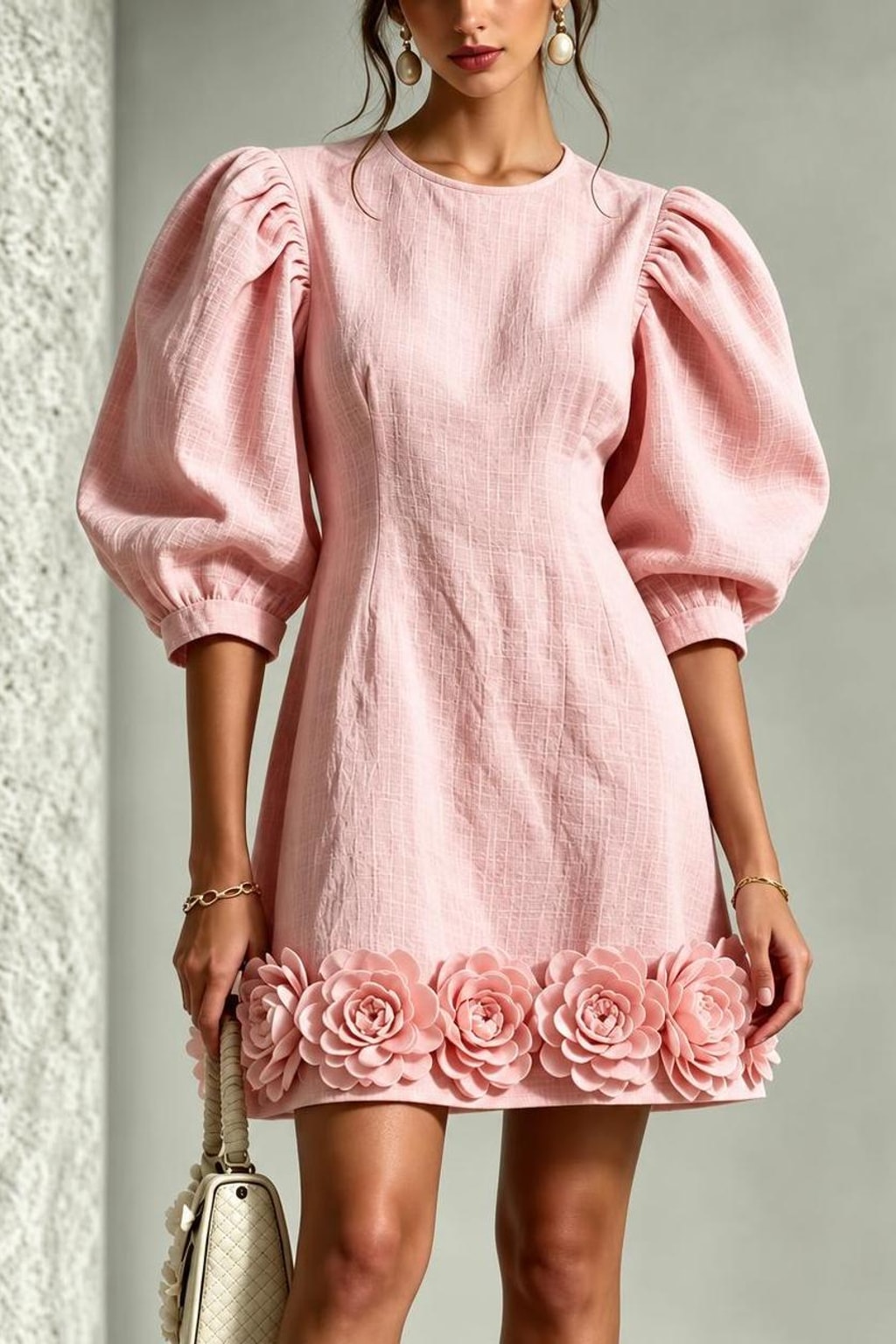 Synthetic Fiber Mini Dress With 3D Floral Applique - 3