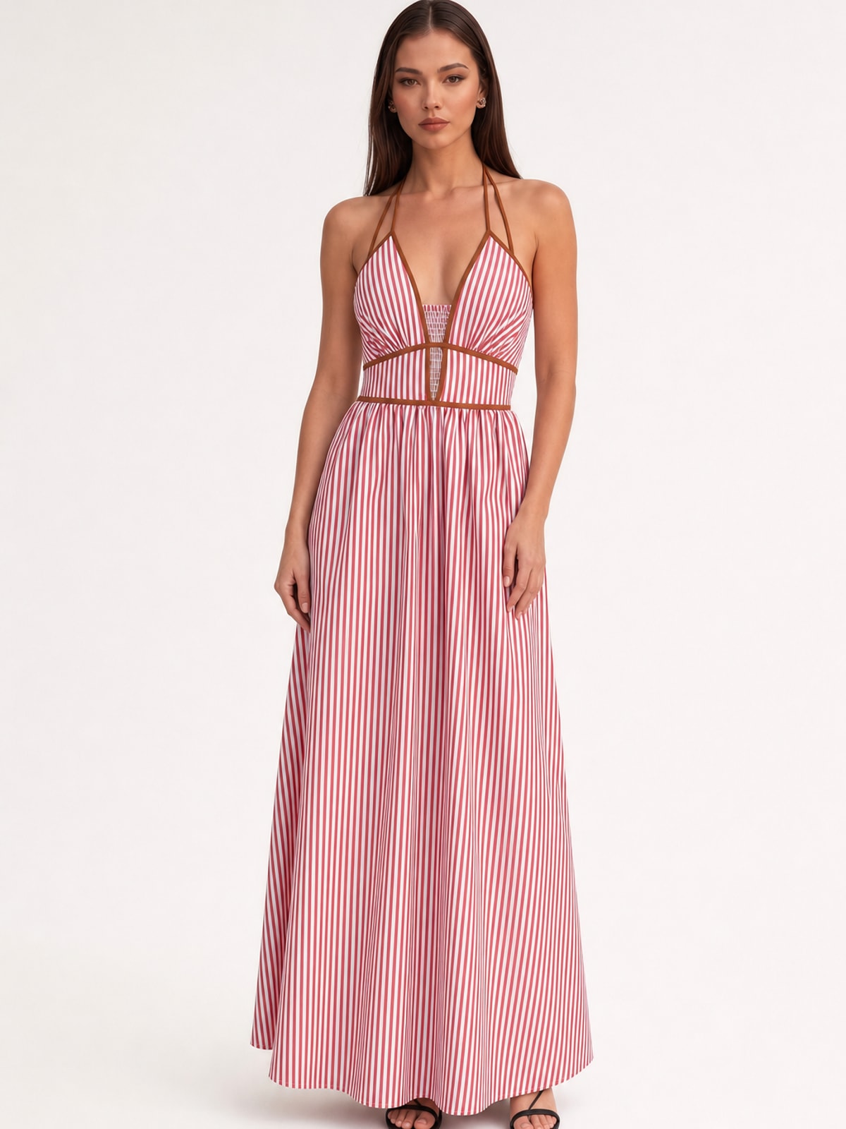 Polyester Striped Halter Neck Sleeveless Maxi Dress - 8