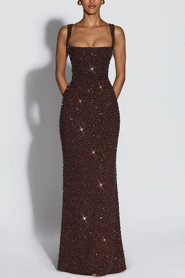 Sequin chiffon maxi dress with pleated bodice - view 3