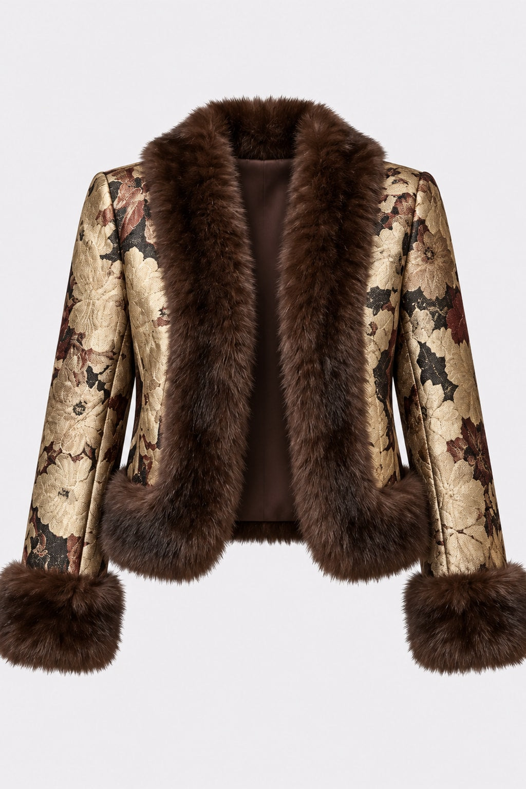 Jacquard Coat Vintage Floral Short Jacket With Faux Fur Trim - 1