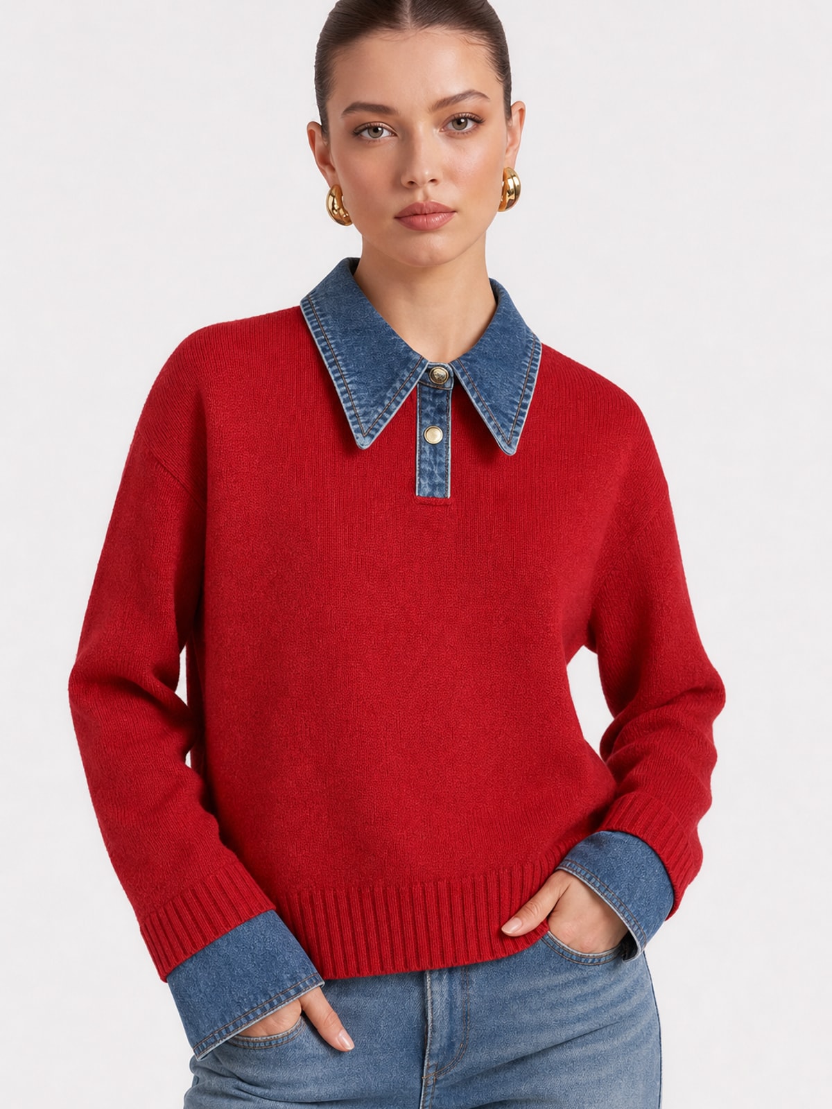 Knit Panel Lapel Relaxed Sweater - 9