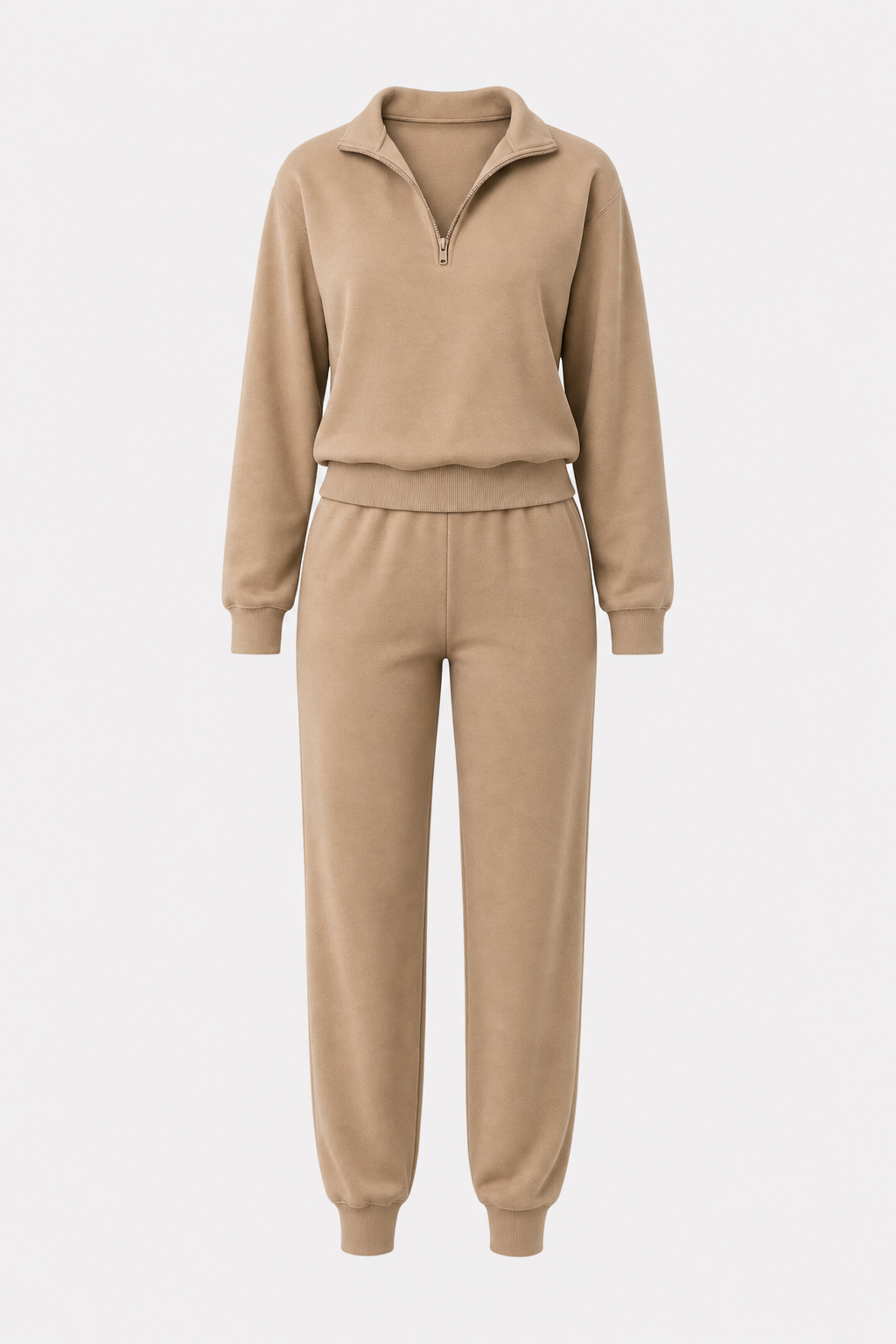 Coffee stretch knit jogger set with half-zip top