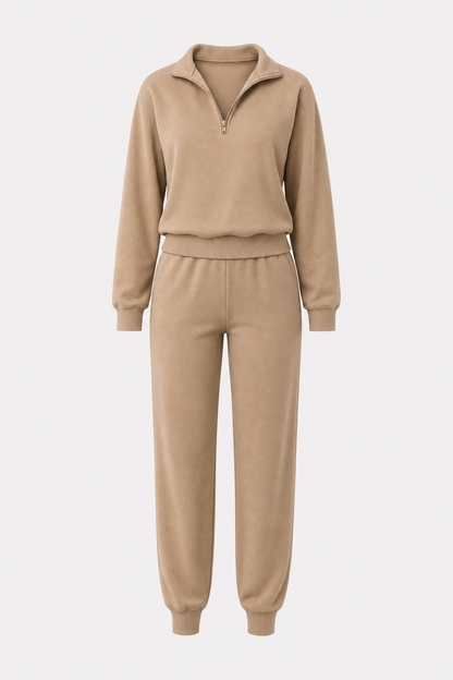 Coffee stretch knit jogger set with half-zip top