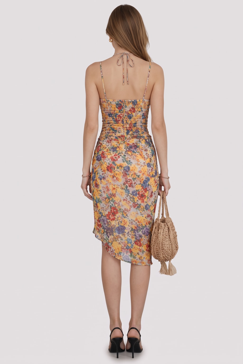 Lightweight Yellow Sleeveless Midi Dress with Ruched Waist - 4