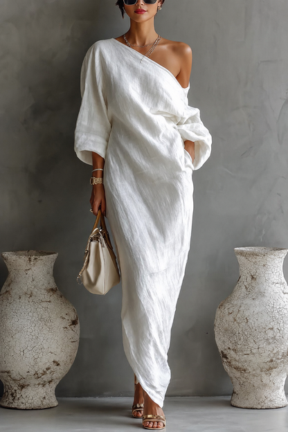 One-Shoulder Linen Blend Maxi Dress - view 2