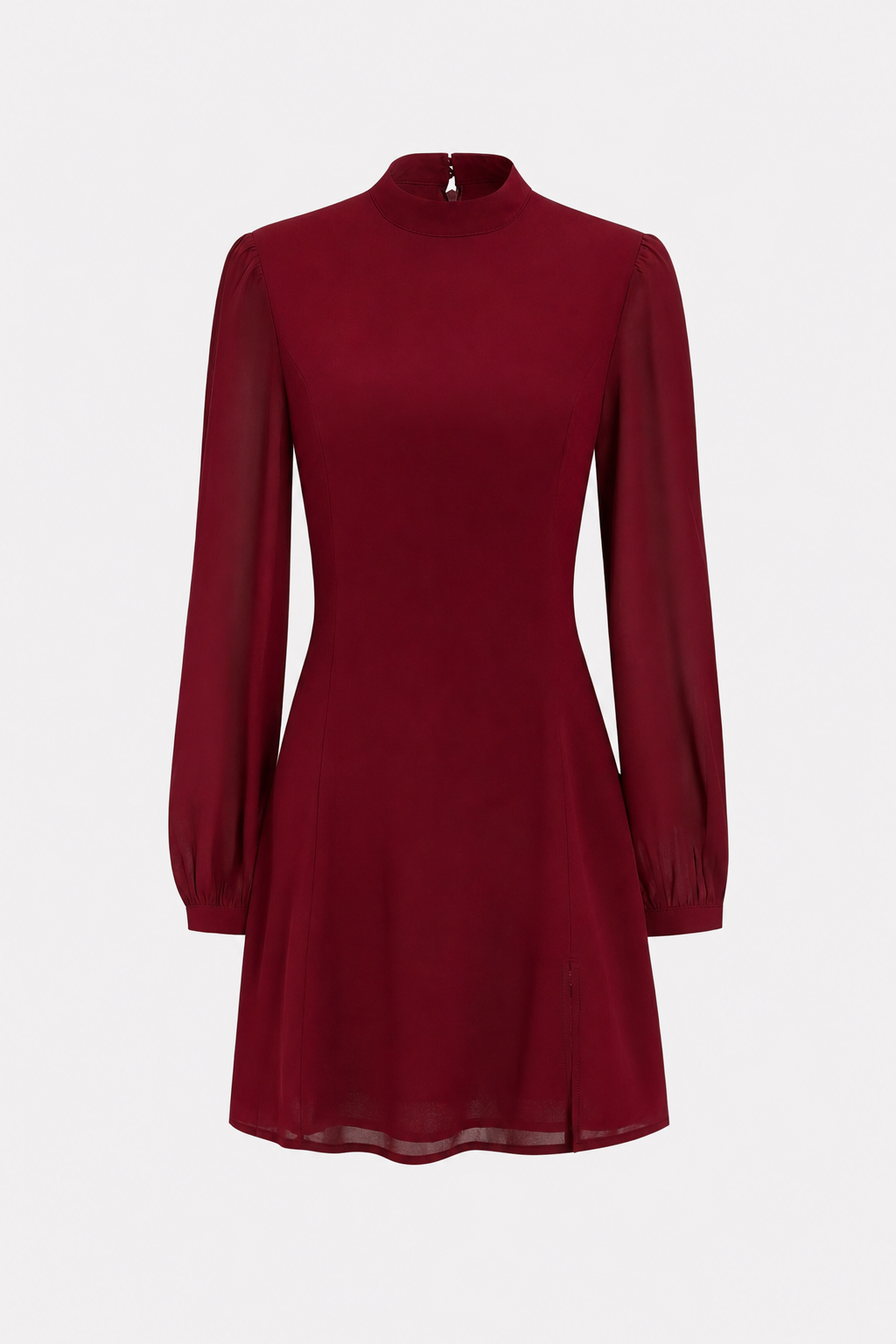 Red chiffon mini dress with sheer bishop sleeves