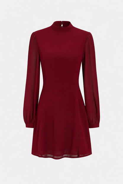 Red chiffon mini dress with sheer bishop sleeves