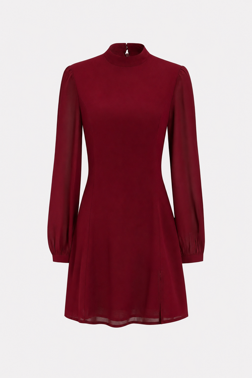 Red chiffon mini dress with sheer bishop sleeves