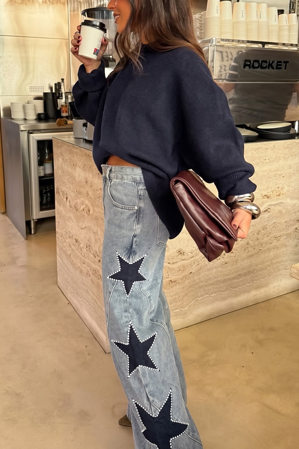 Denim Wide Leg Jeans With Side Star Pocket - 4