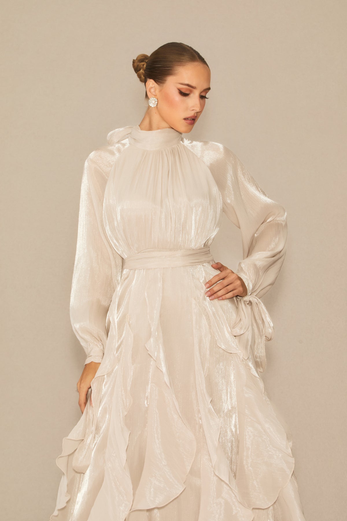 Balloon Sleeve Ruffle Trim Modest Maxi Dress - view 3