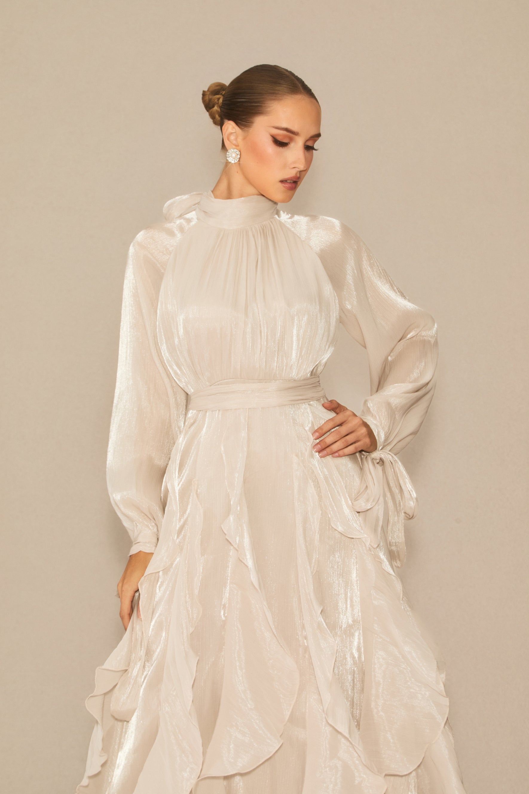 Balloon Sleeve Ruffle Trim Modest Maxi Dress - view 3