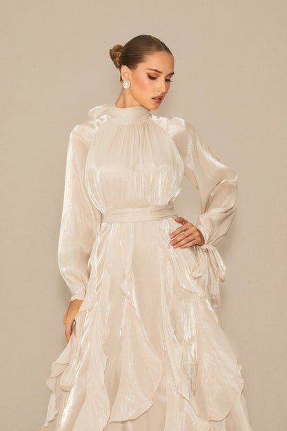 Balloon Sleeve Ruffle Trim Modest Maxi Dress - view 3