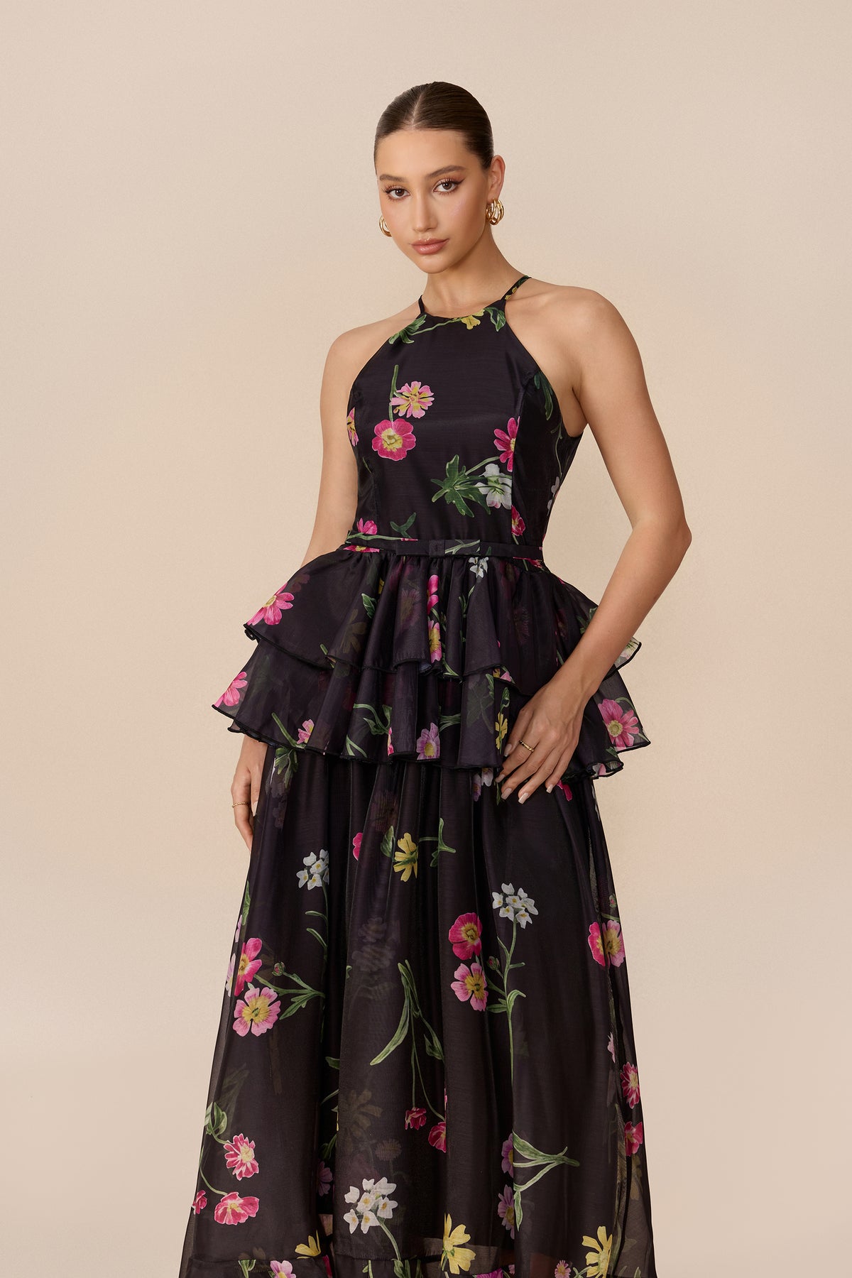 Black floral print tiered maxi dress with halter neck - view 3