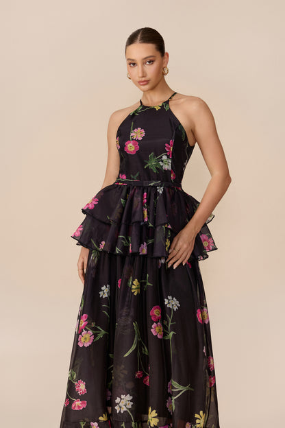 Black floral print tiered maxi dress with halter neck - view 3