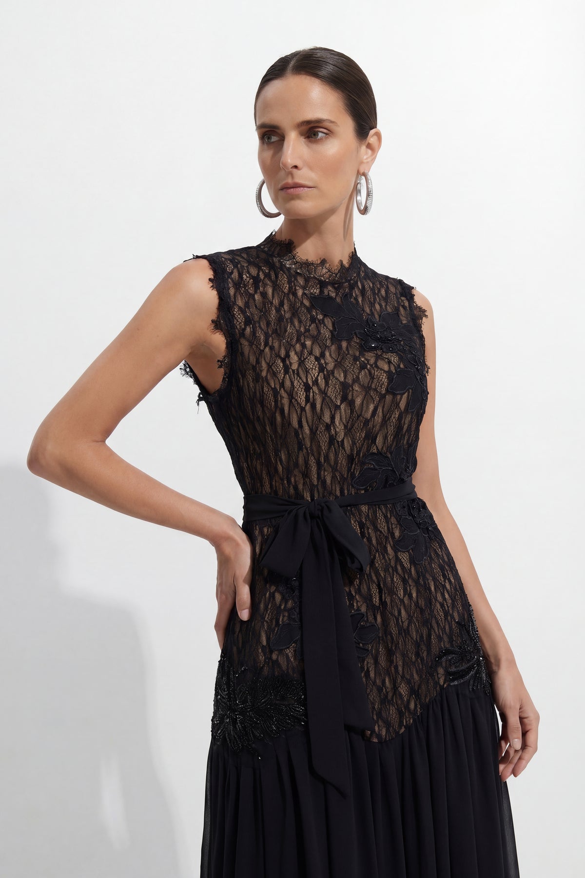 Floral Applique Lace and Chiffon Maxi Dress - view 6