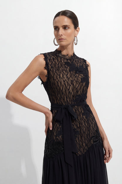 Floral Applique Lace and Chiffon Maxi Dress - view 6