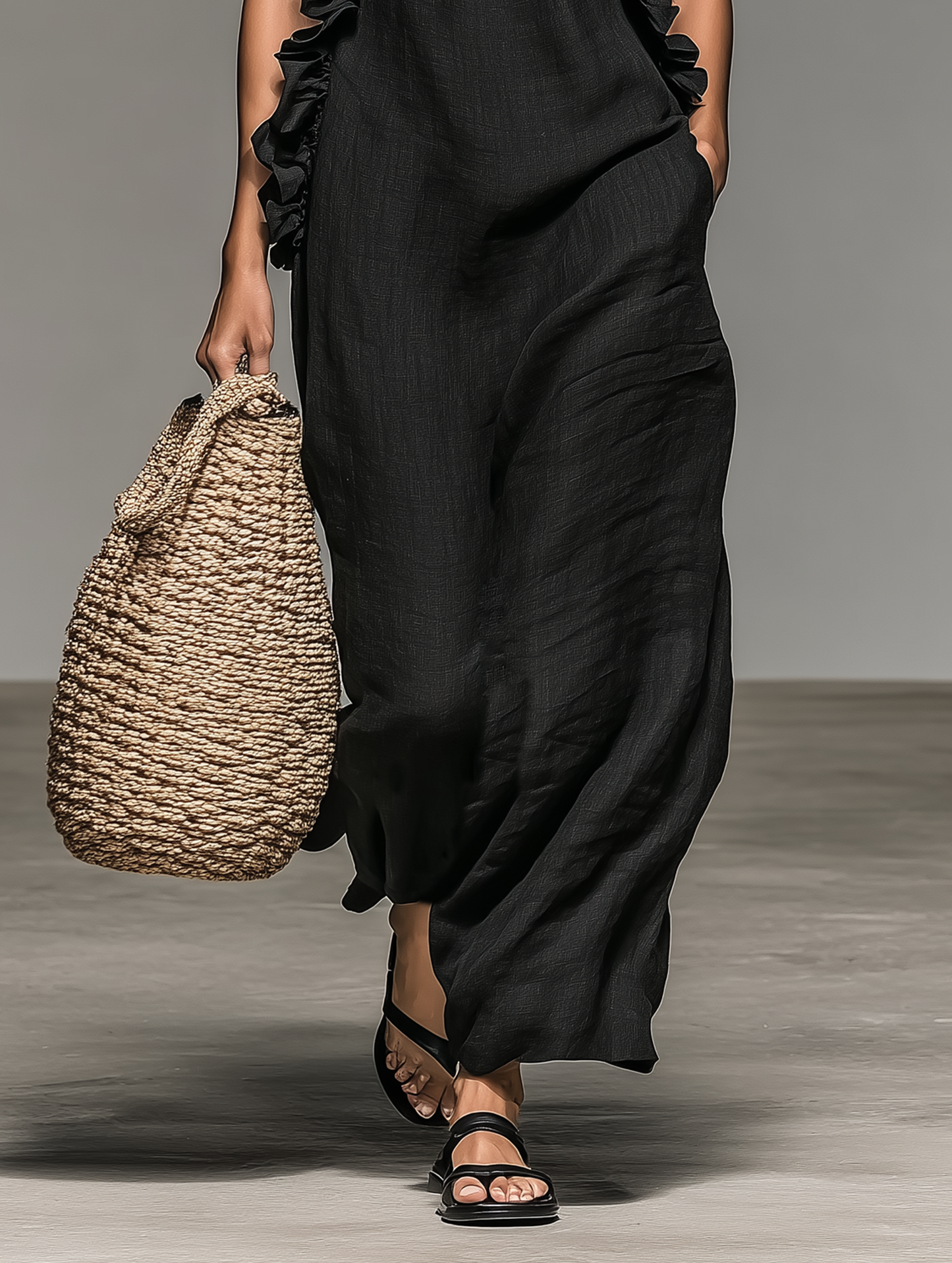 Sleeveless Maxi Dress with Ruffle Trim and Pockets - view 5