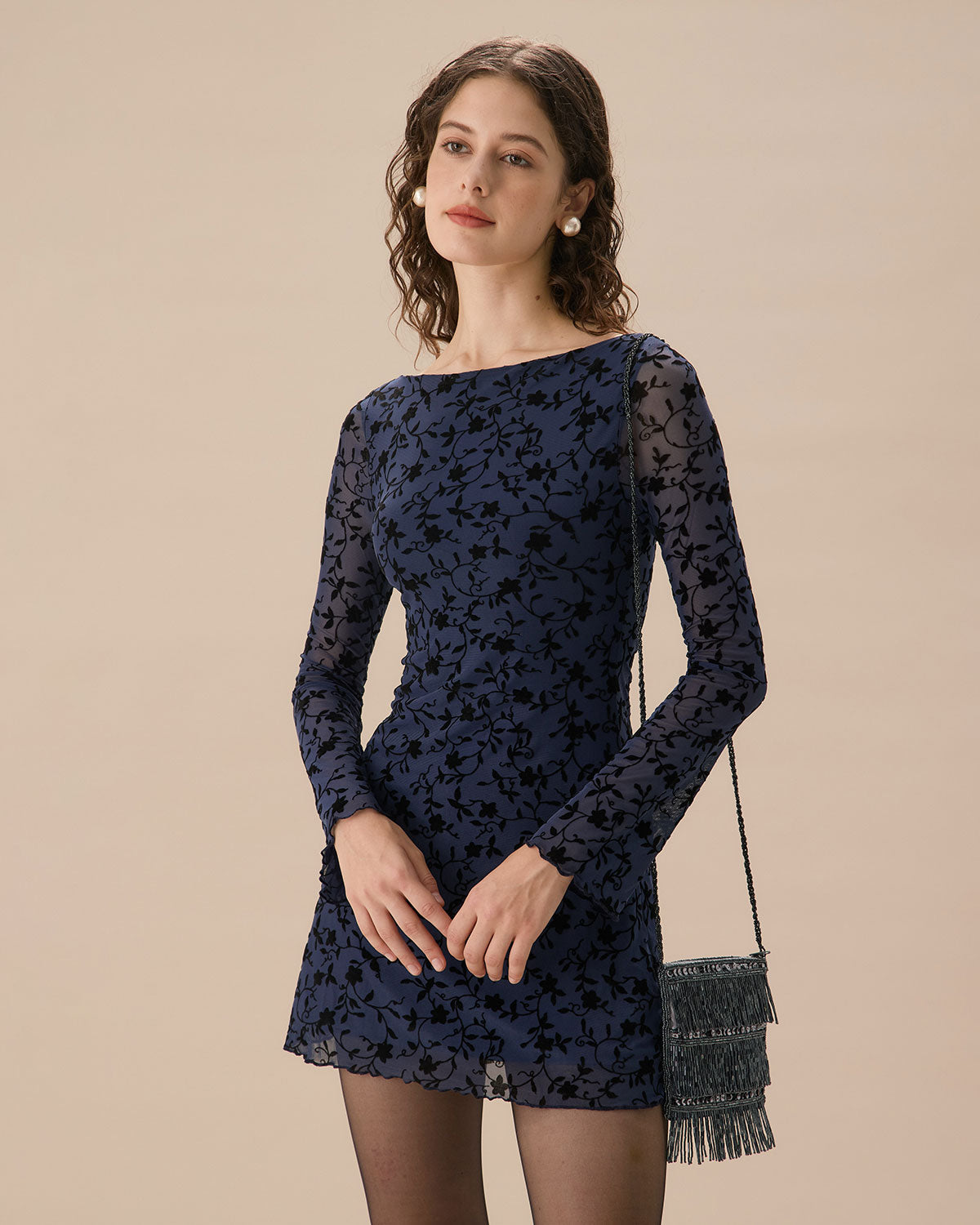 Blue Mesh Mini Dress with Long Bell Sleeves - view 3