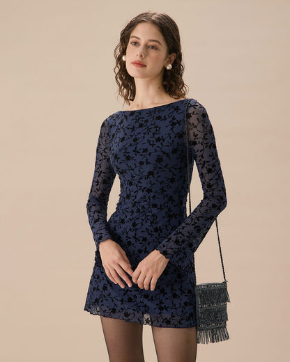 Blue Mesh Mini Dress with Long Bell Sleeves - view 3