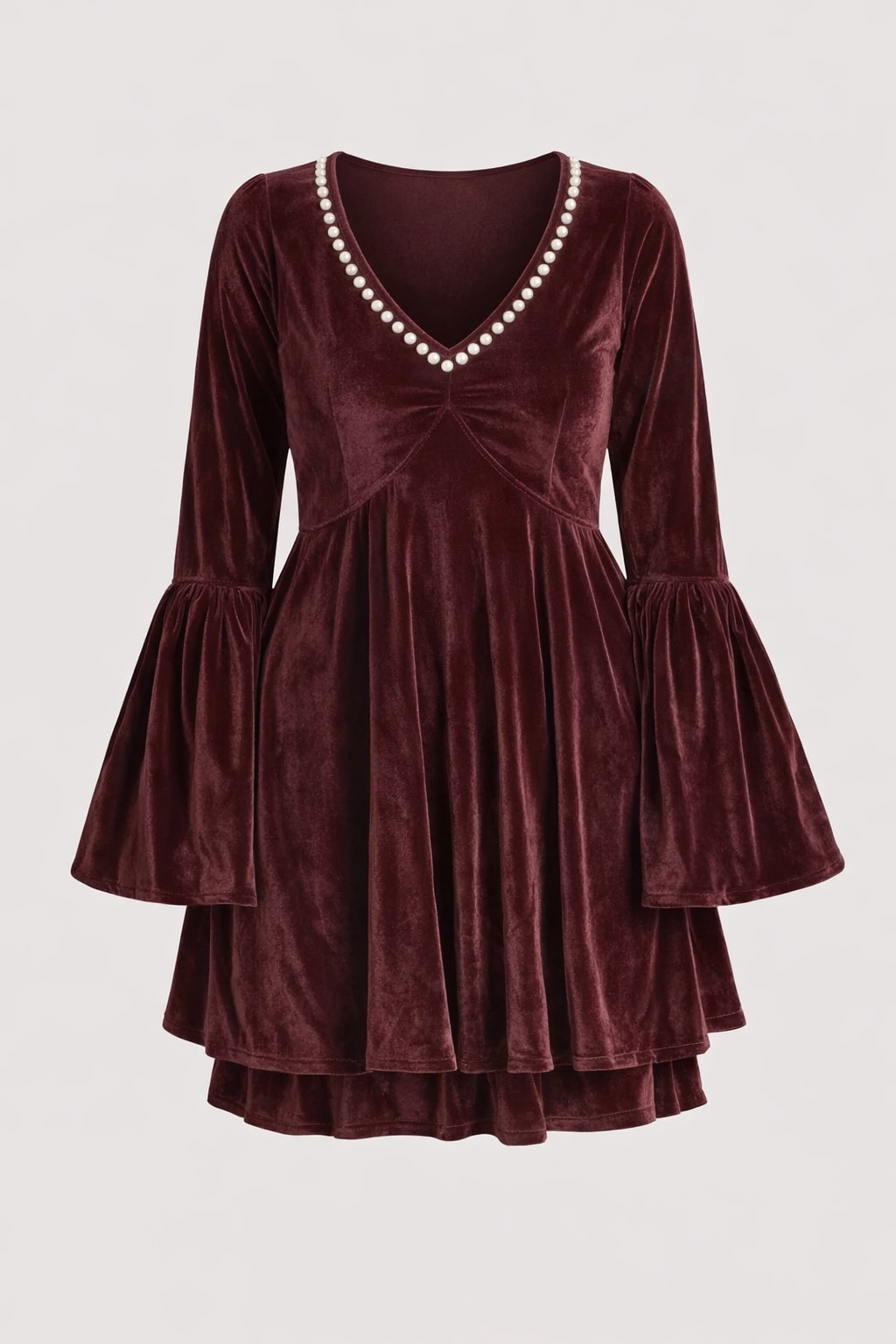 Polyester Mini Dress With Pearl-Embellished V-Neck - 1