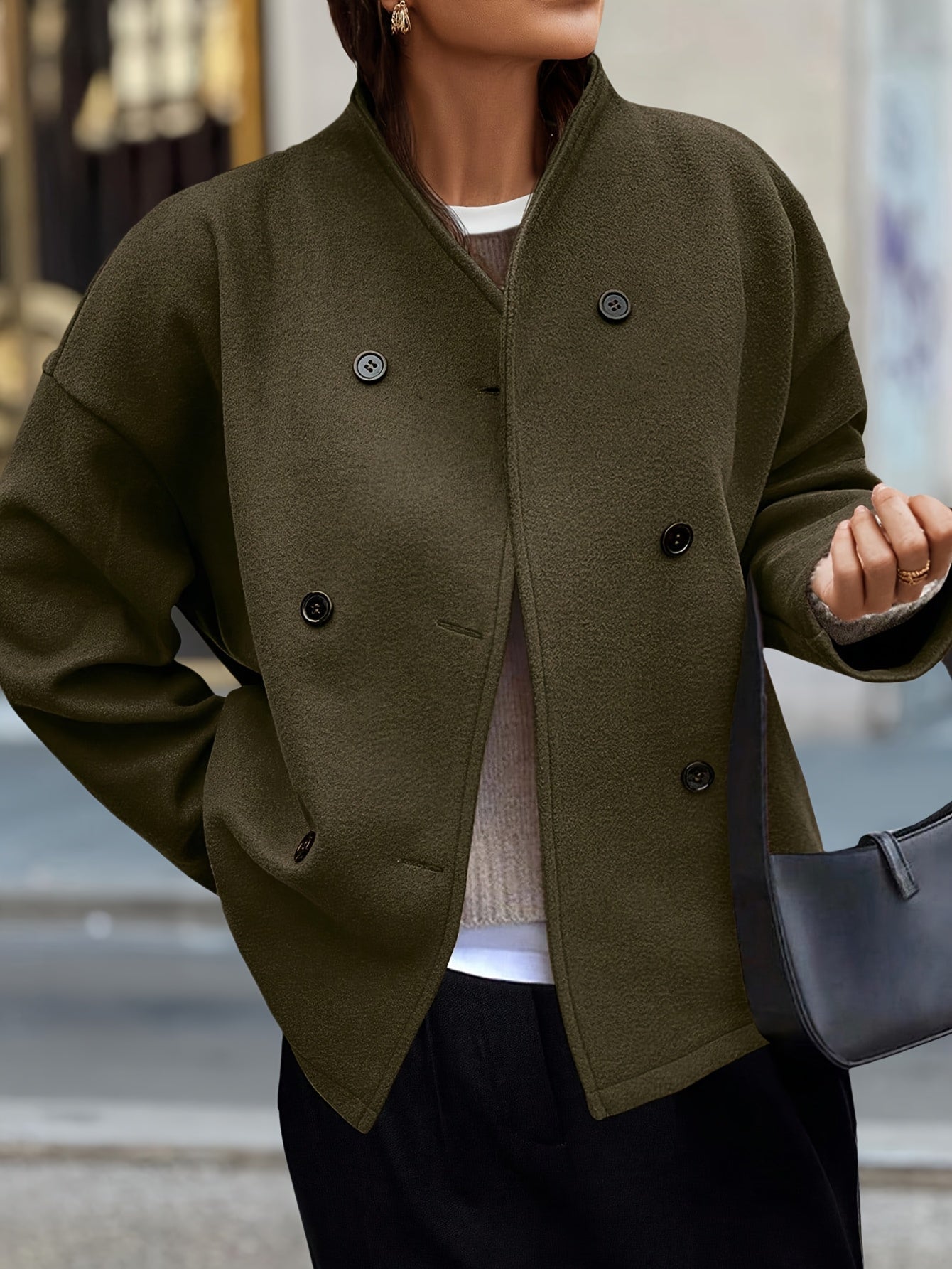 Dark Green Fleece Pea Coat with Stand Collar - view 2